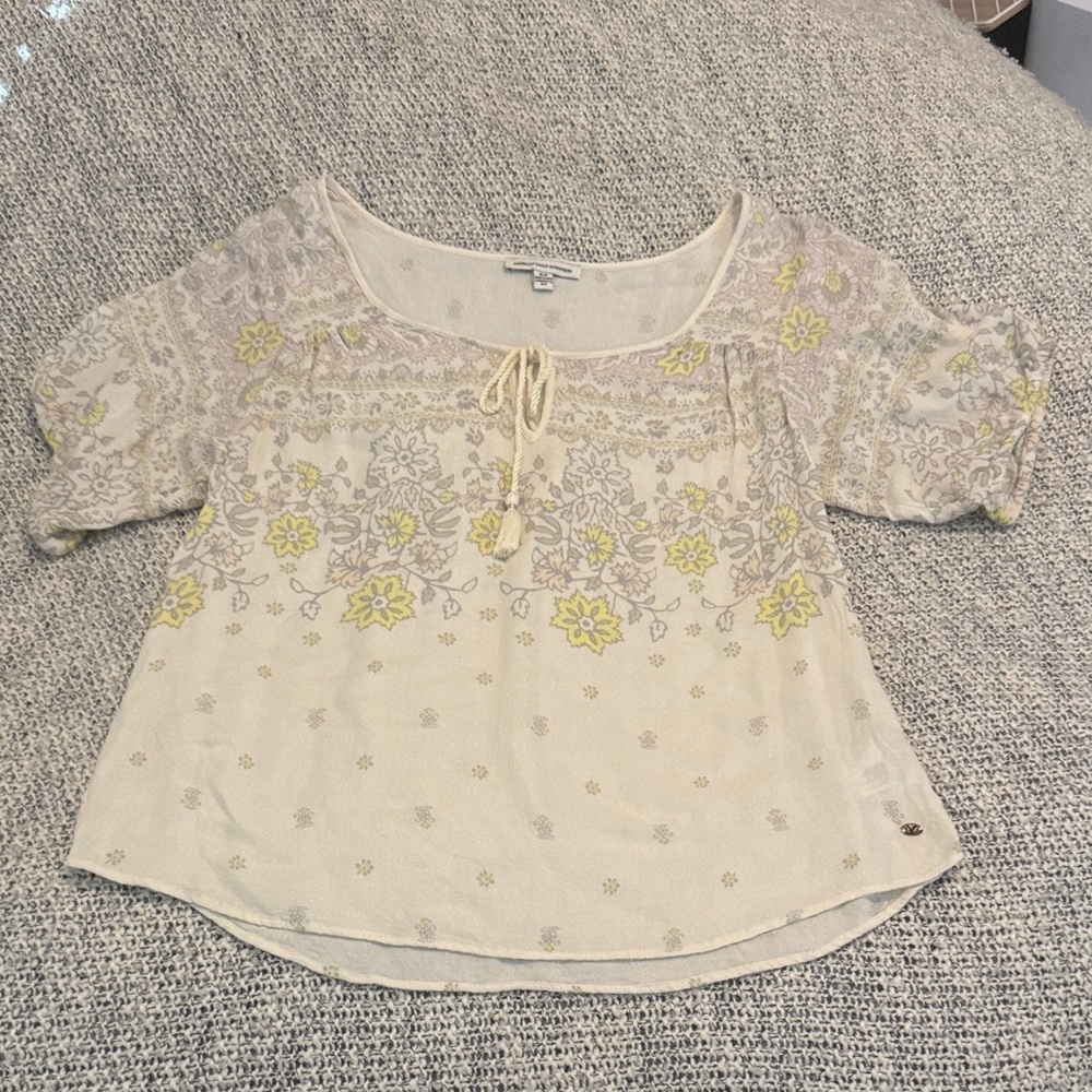 American Eagle Boho Peasant Top | Floral Tassel Tie Blouse | Size Small